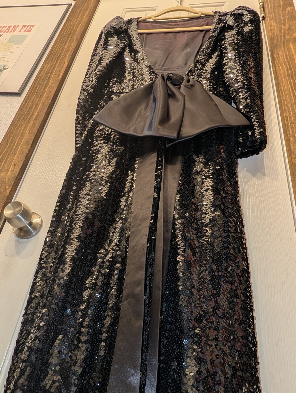 Vintage 1980s Handmade Black Sequin Backless Evening Gown Size Small LS Dress